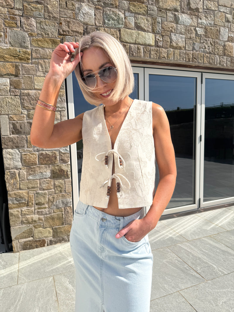 Emery Textured Tie Front Waistcoat - Beige