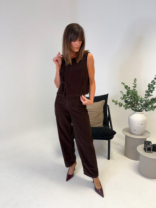 Aia Slanted Tie Corduroy Vest - Brown