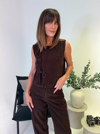 Aia Slanted Tie Corduroy Vest - Brown