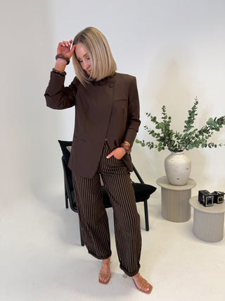Beata Funnel Neck Tailored Blazer - Brown