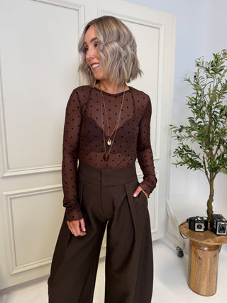 Asha Polka Mesh Top - Chocolate