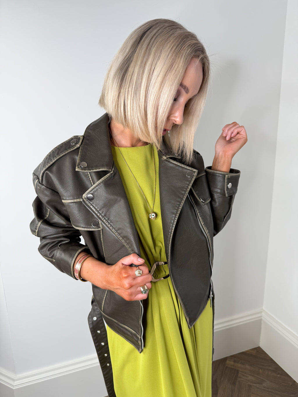 Freya Faux Leather Jacket - Khaki