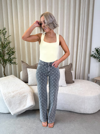 Tess Wide Leg Polka Jeans - Grey