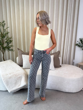 Tess Wide Leg Polka Jeans - Grey