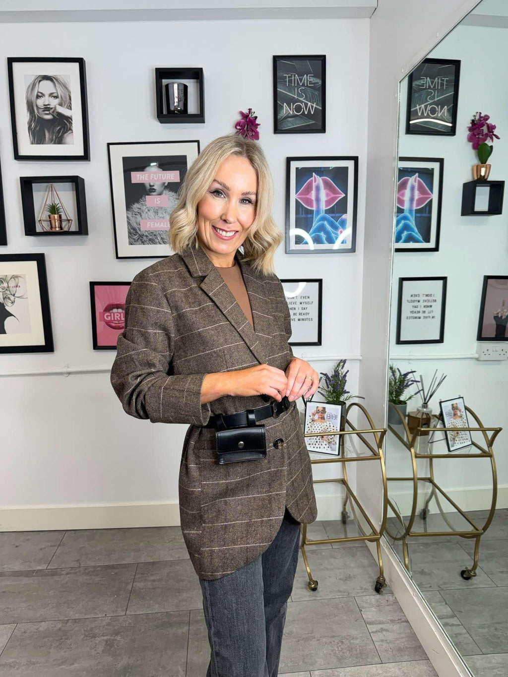 Jeni Hertiage Check Longline Blazer - Brown