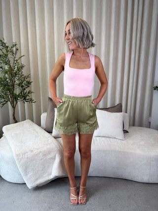 Lula Satin Jacquard Shorts - Green