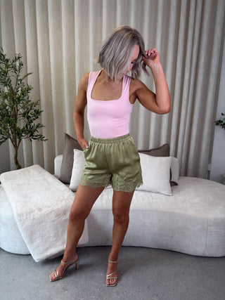 Lula Satin Jacquard Shorts - Green