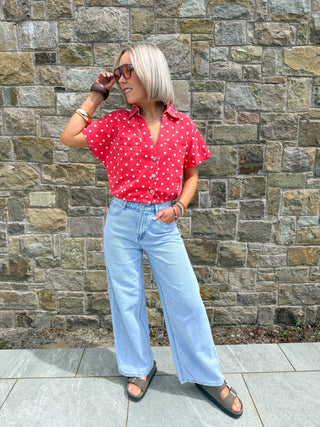 Klare Polka Denim Top - Red/White