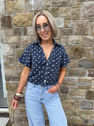 Klare Polka Denim Top - Navy/White