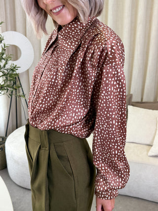 Lainey Collar Blouse - Brown Polka