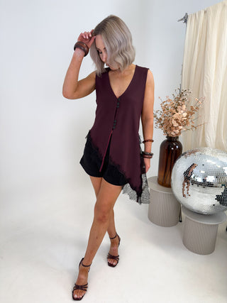 Dayna Longline Frill Waistcoat - Aubergine