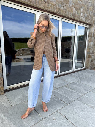 Ruby Checkered Funnel Neck Blazer - Brown