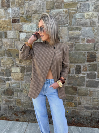 Ruby Checkered Funnel Neck Blazer - Brown