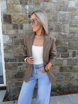Ruby Checkered Funnel Neck Blazer - Brown