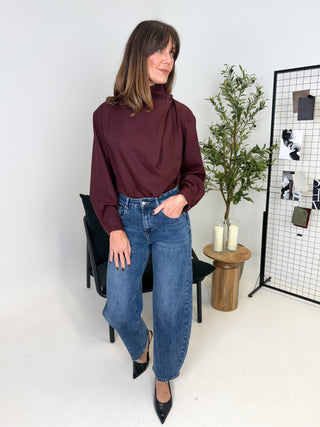 Vinn Funnel Neck Drape Top - Burgundy
