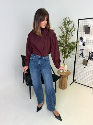 Vinn Funnel Neck Drape Top - Burgundy
