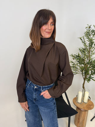 Vinn Funnel Neck Drape Top - Brown