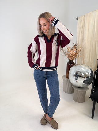 Viva Striped Knit Polo Sweater - Burgundy