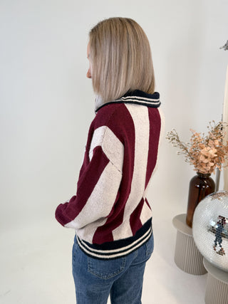 Viva Striped Knit Polo Sweater - Burgundy