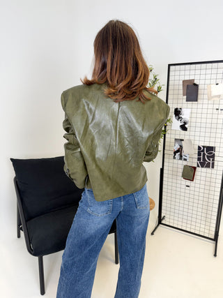 Niki Faux Leather Short Blazer - Olive