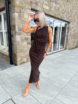 Tanya Midi Neck Tie Dress - Brown Polka  Uptown BIBI
