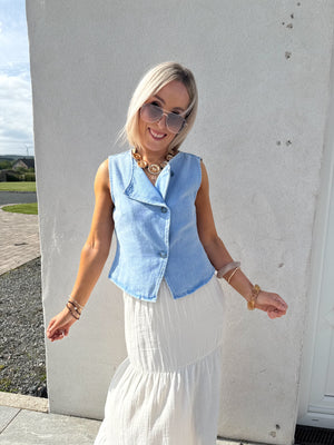 Chloe Denim Asymmetrical Waistcoat - Blue Denim