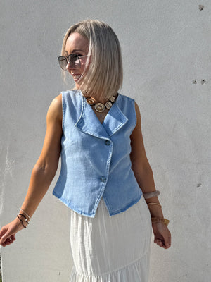 Chloe Denim Asymmetrical Waistcoat - Blue Denim