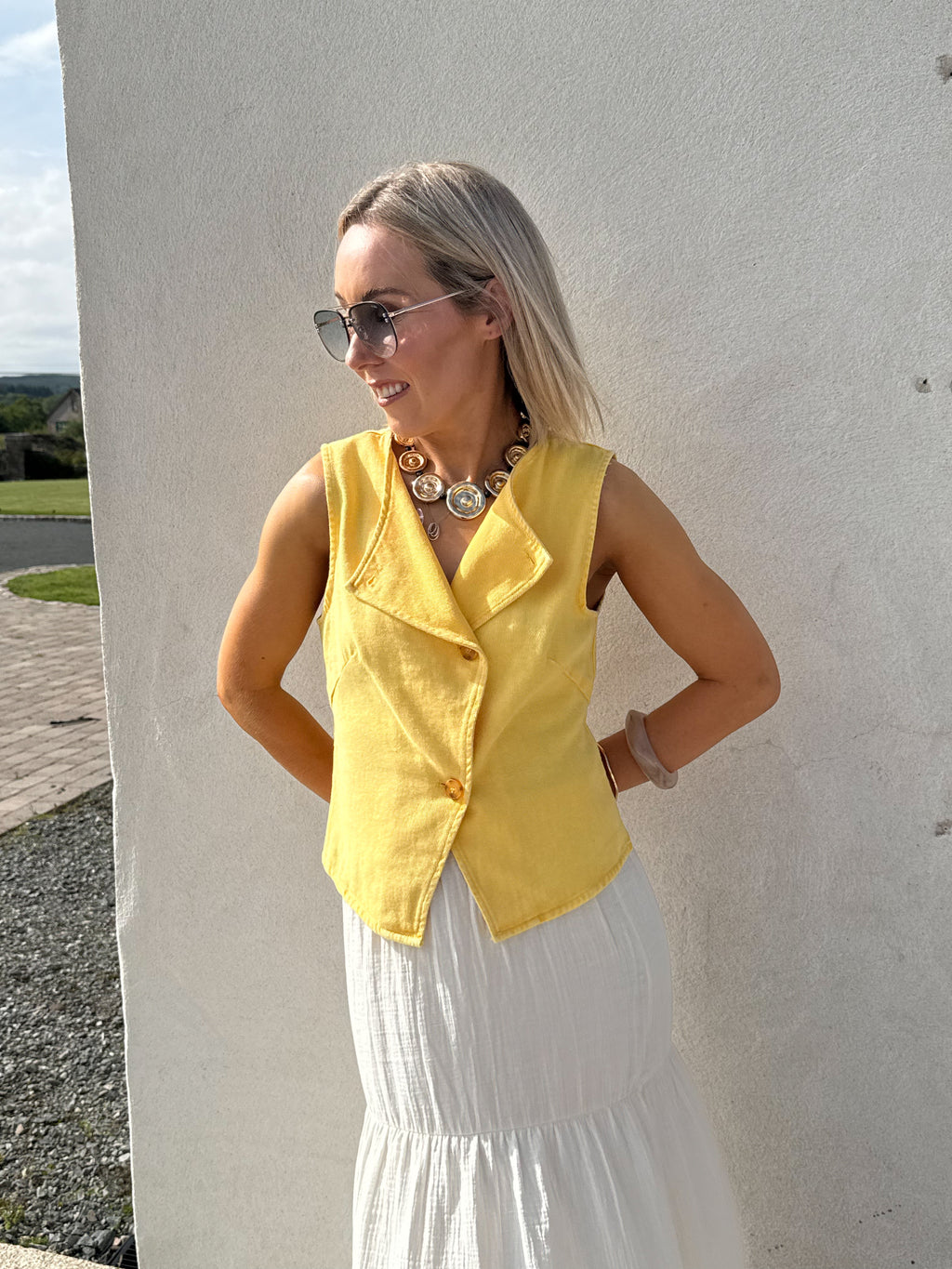 Chloe Denim Asymmetrical Waistcoat - Yellow