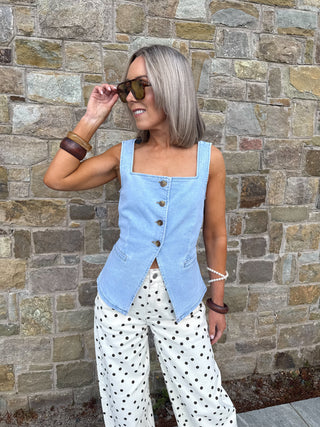 Jojo Square Neck Denim Waistcoat - Light Blue
