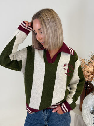 Viva Striped Knit Polo Sweater - Khaki