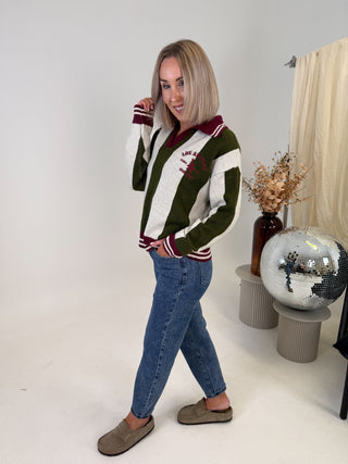 Viva Striped Knit Polo Sweater - Khaki