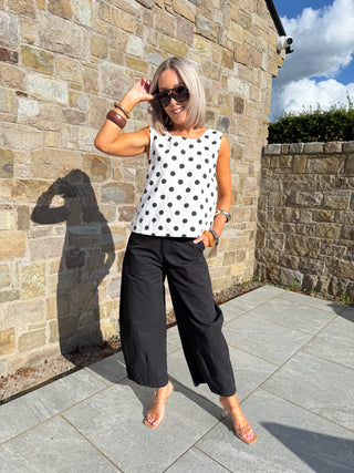 Myla Sleeveless Denim Top - White Polka