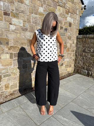 Myla Sleeveless Denim Top - White Polka