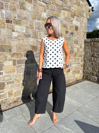 Myla Sleeveless Denim Top - White Polka