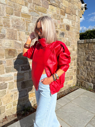 Cleo PU Funnel Neck Jacket - Red