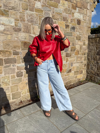 Cleo PU Funnel Neck Jacket - Red
