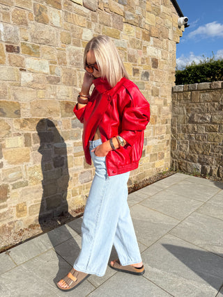 Cleo PU Funnel Neck Jacket - Red