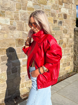 Cleo PU Funnel Neck Jacket - Red