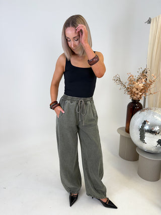 Sloane Denim Barrel Leg Trousers - Washed Khaki