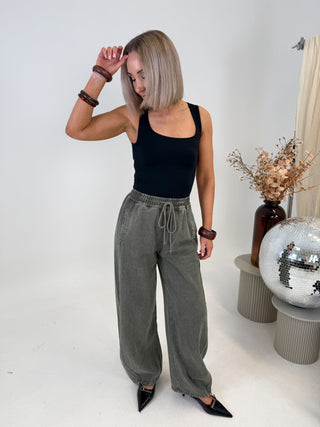 Sloane Denim Barrel Leg Trousers - Washed Khaki