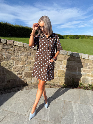 Jules Denim Dress - Brown / Blue Polka