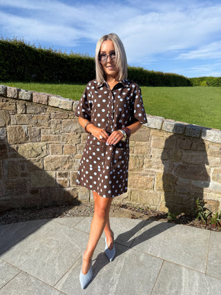 Jules Denim Dress - Brown / Blue Polka
