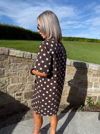 Jules Denim Dress - Brown / Blue Polka