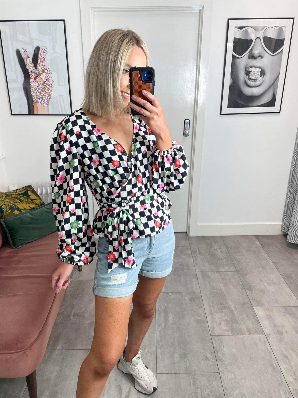 Checkerboard Flower Wrap Blouse With Tie Detail