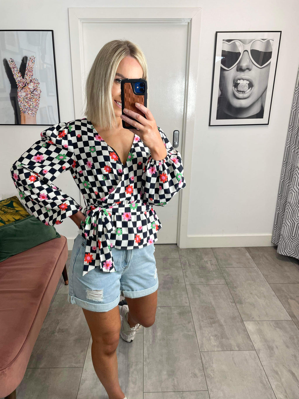 Checkerboard Flower Wrap Blouse With Tie Detail