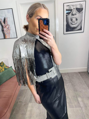 Zsa Zsa Sequin Fringed Cape - Silver