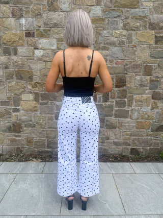 Eden Wide Leg Crop Jeans - White / Black Polka