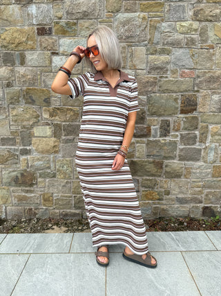 Chilli Polo Summer Dress - Coffee Stripes