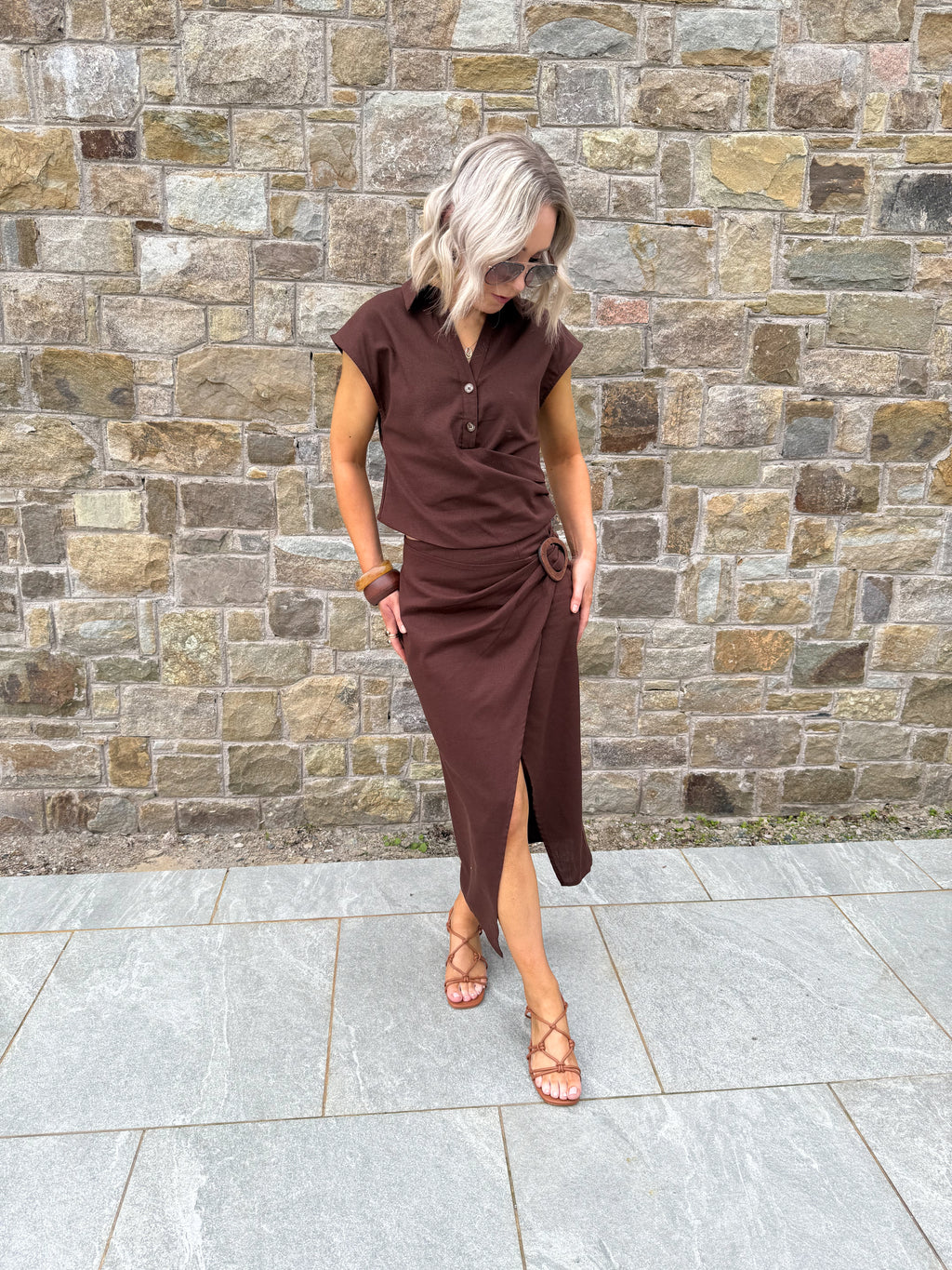 Eve Pleated Linen Top - Cafe