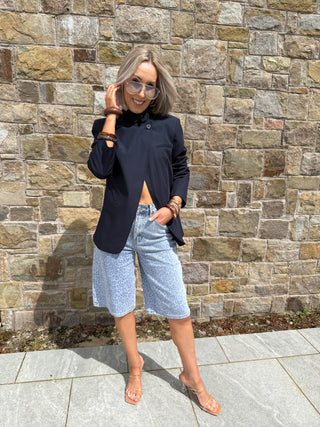 Beata Funnel Neck Tailored Blazer - Navy
